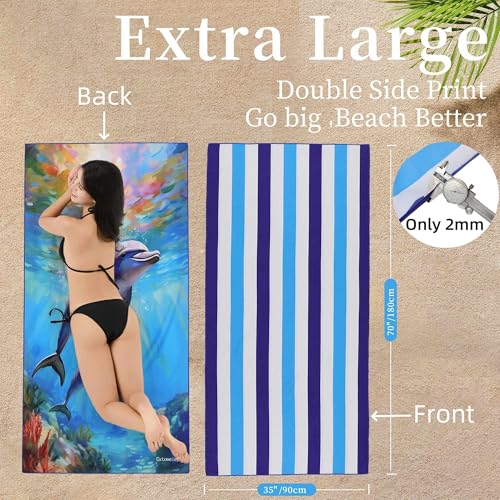 Microfiber Extra Large, Oversized Blue White Striped Beach Towels (70''x35''), Soft&Lightweight 2 Pack XL Quick Dry Cute Dolphin Towel for Adults & Women，Sand Free for Pool,Spa,Swim,Travel - color: Two Dolphin 2 Pack