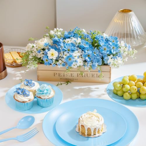 ejonirinjonir EI 150pcs Blue Plastic Plates Disposable Light Blue Baby Shower Plates Heavy Duty Dinnerware Set Plastic Silverware for Party,Wedding,Easter,Spring Afternoon Tea - color: Baby Blue Frosted Plastic Plates