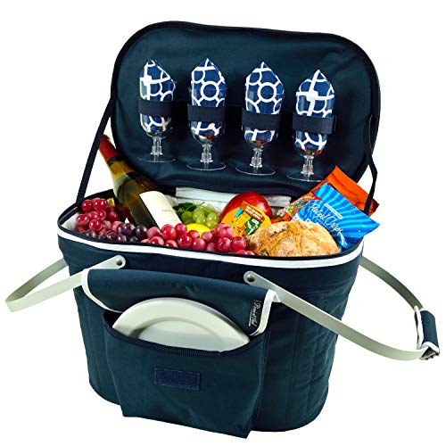 Picnic at Ascot Patented Collapsible Insulated Picnic Basket Equipped with Service For 4- Designed and Assembled in USA - color: Navy/Trellis Blue