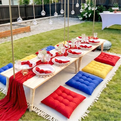 Extra Large Outdoor Picnic Blanket with Table Runner and Floor Pillow Cushion for Picnic Wedding Birthday Baby Shower Backyard Decor(91 x 71'',Deep Blue,Red,Lemon Yellow,8 Pcs) - color: Deep Blue,red,lemon Yellow