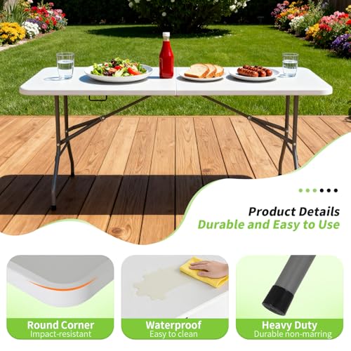 BestOffice 6 FT Picnic Table, Portable Plastic Folding Table with Carrying Handle Perfect for Picnics, Parties, Party and Camping, White - color: White, size: 6 FT 70"x28"