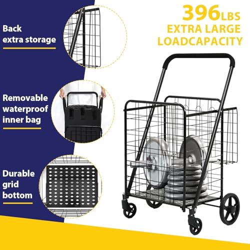 Siffler 396lbs Capacity Shopping Cart,Upgrade Huge Grocery Cart on Wheels,Heavy Duty Foldable Utility Shopping Carts with Double Basket and 360° Rolling Swivel Wheels for Groceries Laundry Transport - size: Jumbo - Back Bag