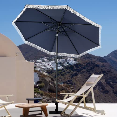 Tempera 9ft Auto Tilt Patio Umbrellas with Fringe, Outdoor Market Umbrellas with Fade Resistant Canopy, 8 Sturdy Rids, Luxurious Vintage Umbrellas for Lawn, Pool, Deck, Balcony - color: Navy, size: 9 FT