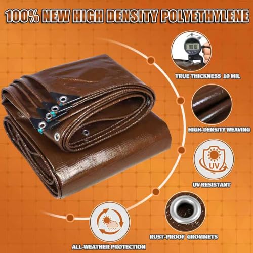 Brown Tarp 6x8 Feet, 10 Mil Thick Waterproof Poly Tarps Cover UV Resistant, Rip & Tear Proof with Metal Grommets Every 20 Inches - color: Brown, size: 6x8 Ft