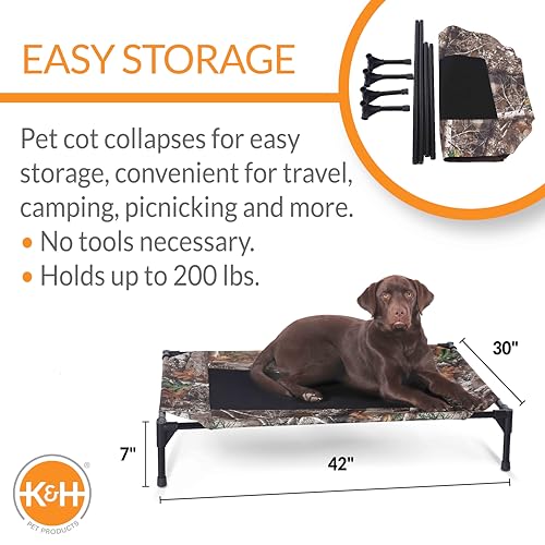 K&H Pet Products Outdoor Elevated Dog Cot, Breathable Cooling Elevated Cot Hammock Pet Bed for Large Dogs, Washable Mesh Cover, Raised Metal Frame, Collapsible, Portable - Large 42 X 30in Camo - color: Camo/Black Mesh, size: Large 42"L x 30"W