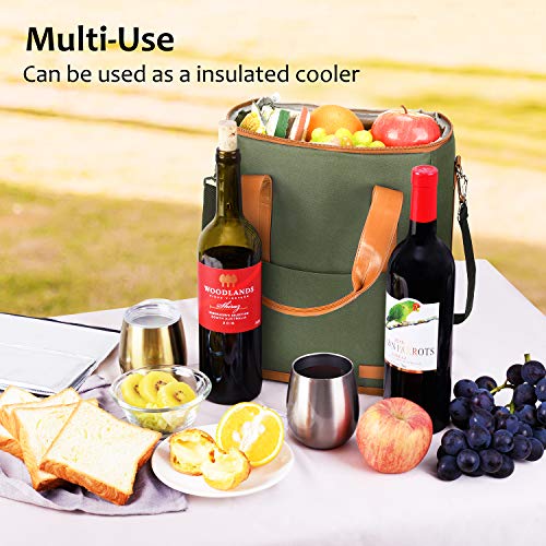 Tirrinia 6 Bottle Wine Gift carrier - Insulated & Padded Wine Carrying Cooler Tote Bag with Handle and Adjustable Shoulder Strap for Travel or Picnic, IDEAL Wine Lover Gift, Oliver - color: Olive