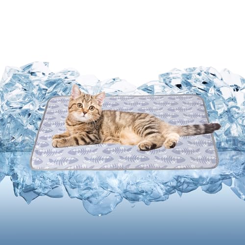 DELIFUR Cat Cooling Mat- Pet Cooling Mat Outdoor for Dogs Self Cooling Pad for Kitten Cat Puppy Machine Washable (Small, Grey Fishbone) - color: Grey Fishbone, size: S: 19.5" x 15.5"