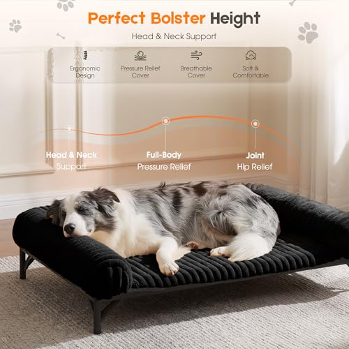 Elevated Dog Bed with Removable Fluffy Pillow Cushion, Raised Pet Cot Washable Bolster, Dog Couch Sofa, Anti Slip Feet, Breathable Mesh, Matte Black, 43"×32" - color: matte black, size: L(43"×32"×8")