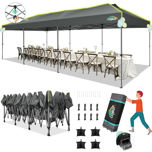 COBIZI 10x30 Pop Up Canopy One Push Party Tent with Air Vent Waterproof Commercial Outdoor Patio Gazebo for Parties Wedding Backyard Events, 3 Adjustable Height, Wheeled Bag, Sandbag, Stakes, Gray - color: Gray, size: 10x30【no sidewalls】