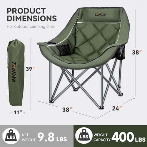 Oversized Camping Chairs for Adults Heavy Duty Folding Padded Portable Camp Chair with Cup Holder Storage Pocket XL Wide Seat for Outdoor Beach Lawn Picnic Fishing Sports Green Supports 400 lbs - color: Army Green