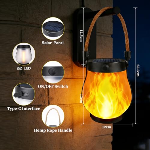4 Pack Solar Lanterns Outdoor Waterproof, Flickering Flame Hanging Lanterns Decorative Outdoor with 2 Modes, Dual Charging USB & Solar-Powered Outdoors Lantern for Porch Yard Patio Tree Garden Decor - size: 4 Packs