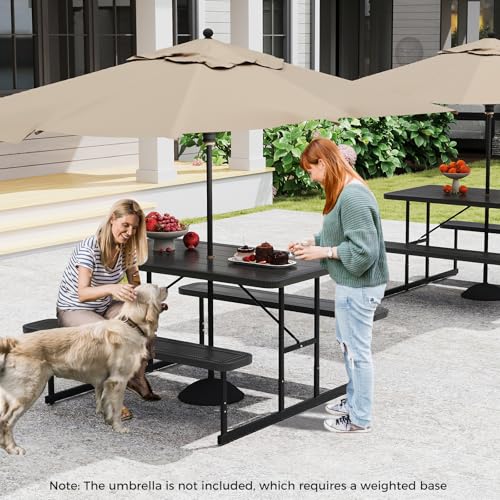Giantex Picnic Table Bench Set for 4 People, 4.5FT Outdoor Rectangular Dining Table & 2 Benches w/Umbrella Hole, HDPE Tabletop, Metal Frame, Patio Garden Backyard Poolside (4.5FT,Non-Foldable,Black) - color: Black, size: Rectangle-54"x28"x30"