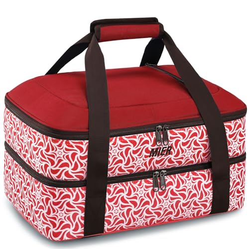 MIER Insulated Casserole Carrier Fits 9"x13" Baking Dishes/Foil Pans, Double Food Carriers Bag Thermal Holder for Hot or Cold Food Lasagna Lugger Potluck Parties Picnic Travel, Red - color: Red, size: 16 x 11 x 7.8 inches