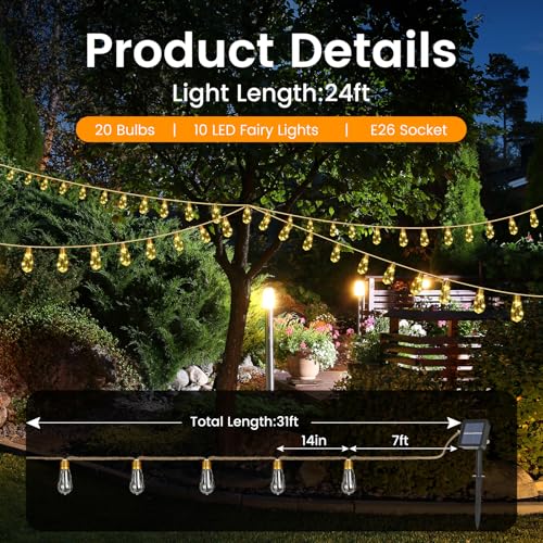 Solar String Lights, Solar Outdoor String Lights, 24FT Solar Powered Patio Lights with 20 Shatterproof Bulbs, Waterproof Vintage Rope Hemp & 8 Modes for Garden Fence Balcony Camping (Warm White) - color: Solar-Warm White