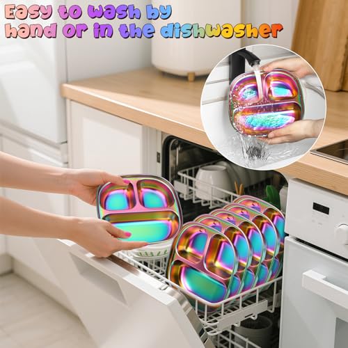 VZZNN 6 Pack Stainless Steel Kids Plates,Toddler Plate with Lid and Cutlery,Suitable for Family Gatherings, Kindergartens, Outdoor Activities and Travel(Colorful)