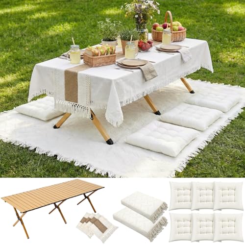 Novabright 10 Pcs Picnic Kit Folding Picnic Table 59'' x 20.5'' Large Outdoor Boho Blanket 91'' x 71'' Beige Table Runner 6 Floor Pillows Cushions Woven Cotton Oversize Washable for Camp Wedding
