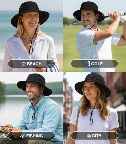 GearTOP Wide Brim Sun Hat for Men & Women, UPF 50+ Fishing Hat with Detachable Neck Flap & Face Cover Gardening Boonie Sunhat - color: Black Floater