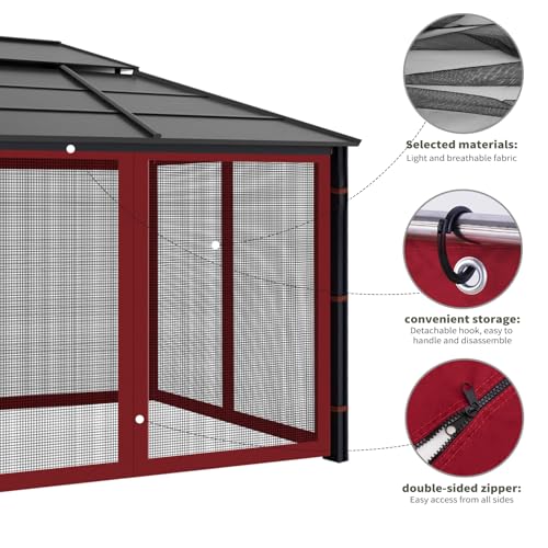Gazebo Replacement Mosquito Netting Outdoor Universal Gazebo Canopy 4-Panels Screen Sidewalls with Zipper for Patio Garden (Red, 10x10) - color: Red, size: 10x10