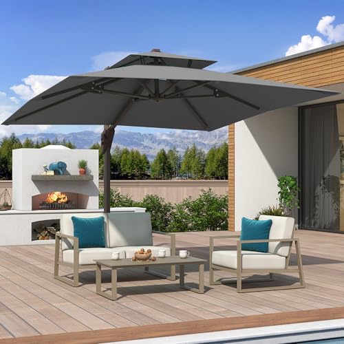 10x10 FT Cantilever Patio Umbrella Double Top Outdoor Square Large Heavy Duty Aluminum Offset Umbrellas with 7 Level Tilt 360-degree Rotation for Pool Garden Deck, Grey - color: Grey, size: 10' X 10' - Umbrella Only