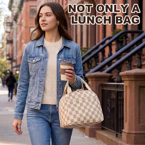 LEDAOU Insulated Lunch Bag women Corduroy Small Lunch Box for Women with Front Pocket Leakproof Cooler Checkered Cute Adult Gilrs Lunch Box for Work School Picnic - color: A-Brown Checkered