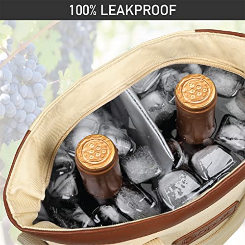 opux Two Bottle Wine Bag Carrier Tote, Insulated Leakproof 2 Bottle Wine Cooler Bag for Travel BYOB Picnic, Portable Wine Case, Gift for Men Women Wine Lover Birthday Party Christmas, Cream Beige - color: Cream Beige