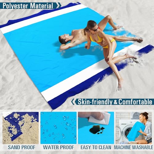 Beach Blanket 78''×110'' Suits 1-7 Adults Waterproof Sandproof Oversized Lightweight Blanket Packable Large Picnic Mat for Beach Travel Camping Picnic Hiking - color: Blue White, size: 78''x110''