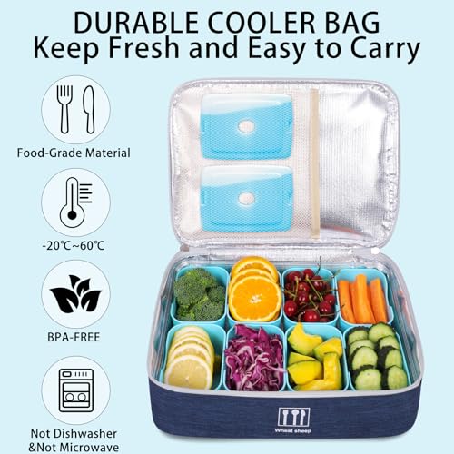 Snack Box Container with Insulated Cooler Bag, Divided Serving Tray with Lid and Handle Beach Essentials, Snackle Box Veggie Fruit Tray with 8 Compartments & 8 Forks & 2 Spoon Blue - size: Blue
