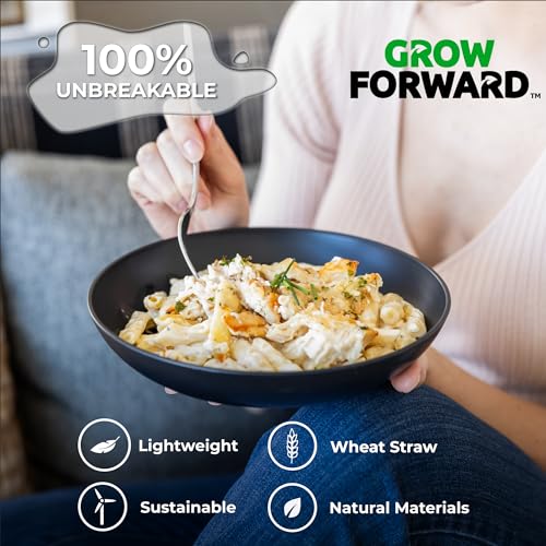 Grow Forward Premium Wheat Straw Pasta Bowls - 42oz Unbreakable Wide & Shallow Dinner Plate Bowls Set of 6 - Microwave Safe Reusable Plastic Pasta Bowls for Kids, Adults, Salad, Camping, RV - Midnight - color: Midnight Black, size: 42oz