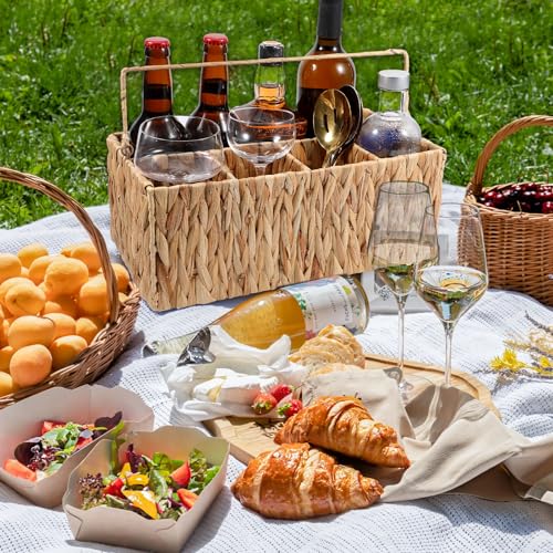 LLOUSSAK Utensil Caddy, Outdoor Silverware Caddy with Handle, Wicker Utensil Holder for Party, Woven Divided Picnic Basket as Cutlery Holder, Outdoor Party Essentials (5 Compartments)