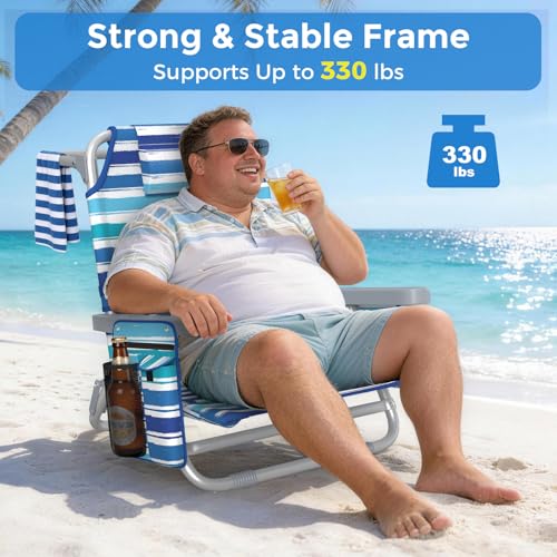 5-Position Backpack Beach Chair for Adults with Lumbar, Foldable Tall Heavy-Duty Beach Chairs with Cooler Bag,Cup Holder,Towel Rack for Beach, Camping, Outdoor (1, Blue&White) - color: Blue&white, size: 1 pack