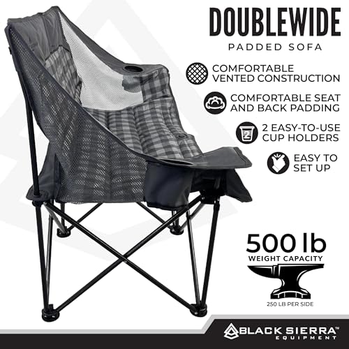 Black Sierra Double Padded Folding Camping Chair, Oversized Folding Camp Sofa, Portable Outdoor Loveseat Supports 500 lbs, Perfect for Beach, Tailgating, RV, Sports, Patio - color: Grey Buffalo Check