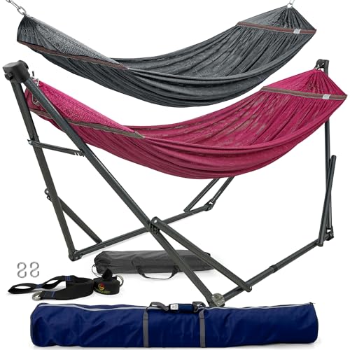 Tranquillo Combo x2 Hammocks with Stand for Outside & Tree Straps, Heavy Duty Hammock with Stand 600lbs for Indoor Outdoor Patio Backyard, x2 Hammocks for 2 Person (Combo - Red, Medium) - color: Combo - Red