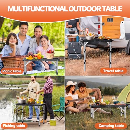 FUNYKICH Camping Table with Waterproof Plastic Tabletop 22.8''x15.7'', 3 Height Adjustable Small Folding Table, Lightweight Portable Picnic Table with Carry Handle for Picnic Beach Travel,Black Silver - color: Black Silver