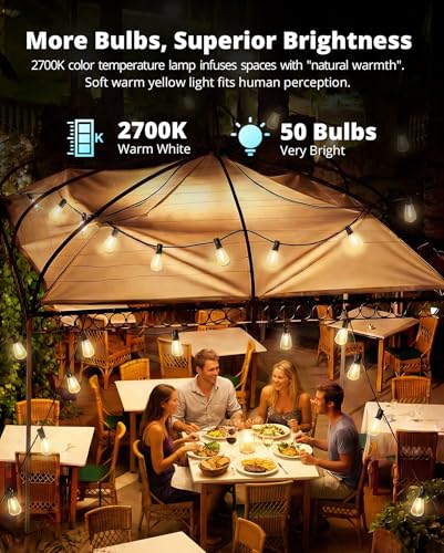 VIPAR Outdoor String Lights, 100FT 52 ST38 Bulbs Patio Lights Outdoor Waterproof, Shatterproof Vintage Edison LED Outside Hanging Light for Backyard, Porch, Garden, Deck, Bistro, 2700K Dimmable - size: 100FT(50 Sockets)
