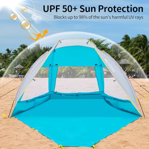 Leader Accessories 2-3 Person Portable Beach Tent, UPF 50+ Beach Shade Tent, Beach Tent Sun Shelter Canopy with Extendable Floor, Blue
