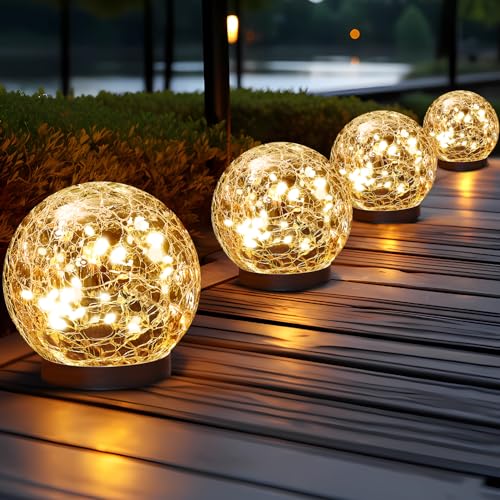 JKIMK Solar Globe Lights Outdoor Waterproof - Cracked Glass Ball Lights for Garden, Patio, Yard, Lawn and Backyard Decor - Solar Orbs for Outside Decorations - color: Warm White, size: 4 Globes