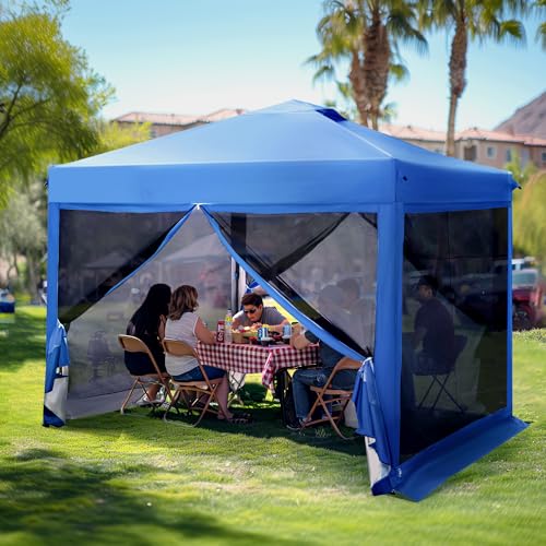 PHI VILLA 10 x 10 Pop Up Canopy Tent with Netting, Instant Gazebo, Ez up Screen House Room with Carry Bag, Height Adjustable, for Outdoor, Garden, Patio,Blue - color: Blue, size: 10x10 with Netting