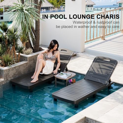 WACASA Outdoor Chaise Lounge Chairs Set of 2, Oversized Lounge Chairs with 5-Level Adjustable Backrest & Cup Holder, Resin Waterproof Pool Lounge Chair for Poolside, Patio, Beach, Yard, Black - color: Black, size: Set of 2
