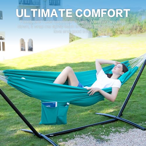 PNAEUT Double Hammocks with Stand for Outside, Portable Space Saving Heavy-Duty Steel Stand for Indoor Outdoor Patio with Carrying Bag, 450 lbs Capacity (Aqua) - color: Aqua