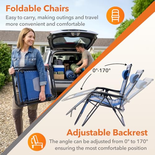 Sweetcrispy Zero Gravity Chairs, Foldable Patio Reclining Chairs with Adjustable Pillow & Cup Holder, Oversized Portable Support 400 lbs, for Backyard Camping(Blue-Gray) - color: Padded Blue-gray