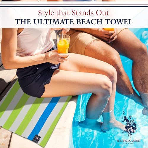 U.S. Polo Assn. Oversized (40” x 70”) Striped Nautical Design Beach Towel - Luxury Plush Cotton Hotel Quality for Bath, Pool - Cabana Stripe Green/Tuq - color: Cabana Stripe Green/Tuq, size: 40" x 70"