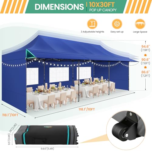 COBIZI 10x30 Pop Up Canopy Tent with Awning & Sidewalls, Heavy Duty Commercial 10X30 Canopy Tents Instant Waterproof, UPF 50+ Sun Shade for Outdoor, Parties, Markets (Deep Blue) - color: Deep blue, size: 10x30FT with 5 Sidewalls & 3 Awning Cloth