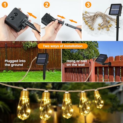 Solar String Lights, Solar Outdoor String Lights, 24FT Solar Powered Patio Lights with 20 Shatterproof Bulbs, Waterproof Vintage Rope Hemp & 8 Modes for Garden Fence Balcony Camping (Warm White) - color: Solar-Warm White
