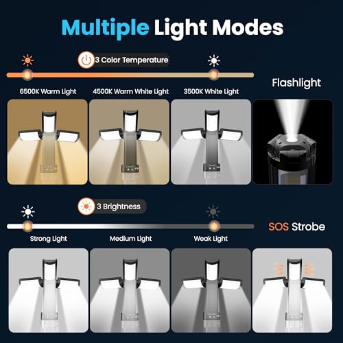 CAVN Rechargeable Camping Lights with Remote & Detachable Tripod Max Height 6.0 ft, Portable Work Light with 3 LED Lamp Heads, Camping Essentials Gear Emergency Flashlight with Hook, Black - color: Black