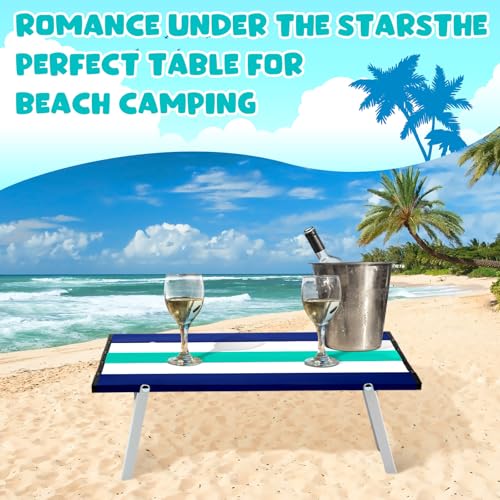 CroBlissful Beach Table Folding Camping Portable Table Striped White Aluminum Side with Carry Bag for Camping Picnics and Outdoor Activities(16x11x5 in,Cyan Green) - color: Cyan Green, size: 16x11x5 in