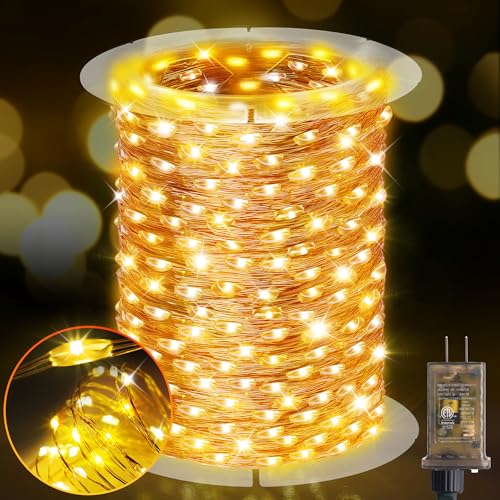 KNONEW 203FT 600 LED Outdoor Fairy Lights Plug in, Christmas Fairy Lights Outdoor Waterproof 8 Modes Memory Times for Wedding Bedroom Walls Garden Trees Decoration(Warm White) - color: Warm White, size: 203FT 600 LED Copper-colored wire