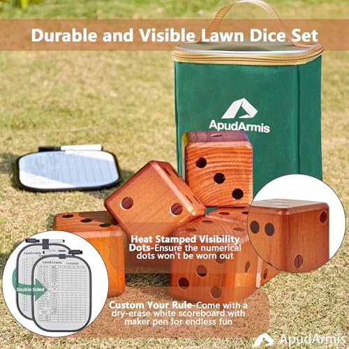 ApudArmis Classic Mahogany Giant Wooden Yard Dice Set, 3.5In Big Die Lawn Game Set with Scoreboard & Carrying Bag - Large Pine Wooden 6 Dice Backyard Game for Adults Family - color: Classic Mahogany