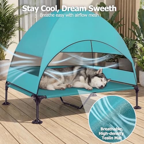 Elevated Dog Bed with UV-Proof Canopy, Outdoor Dog Tent with Powerful Adjustable Feet, Portable Pet Cot with Wider Shade, Raised Cooling Bed for Camping, Patio, Beach, Poolside - color: Aqua, size: X-large: 50.0"l X 32.0"w X 42.5"th