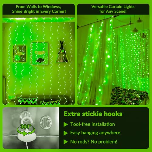 HXWEIYE 300LED Fairy Curtain Lights, 9.8x9.8Ft USB Plug-in 8 Modes Christmas String Hanging Lights with Remote for Bedroom Backdrop Wedding Indoor Wall Decor, Green, Standard – 1 Pack - color: Green, size: Standard – 1 Pack