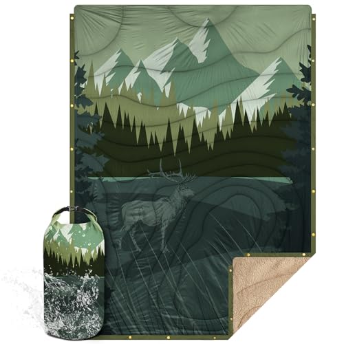 Outdoor Camping Blanket with Sherpa Lining, Extra Warm Thick Camp Blankets and Puffy Ultralight Soft Poncho DWR Camping Quilt for Cold Weather, Adventure, Sleeping, Backpacking 78"x 56" - color: Grass Green, size: 78 x 56 inches